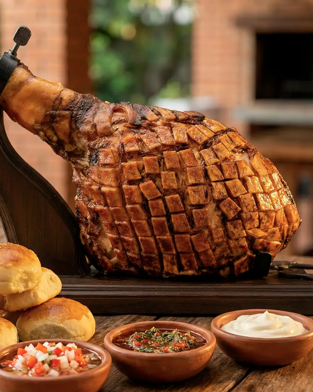 mesa de pernil de cerdo con tabla de fiambres y salsas caseras