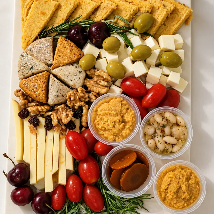 tabla veggie con quesos, hummus y vegetales encurtidos